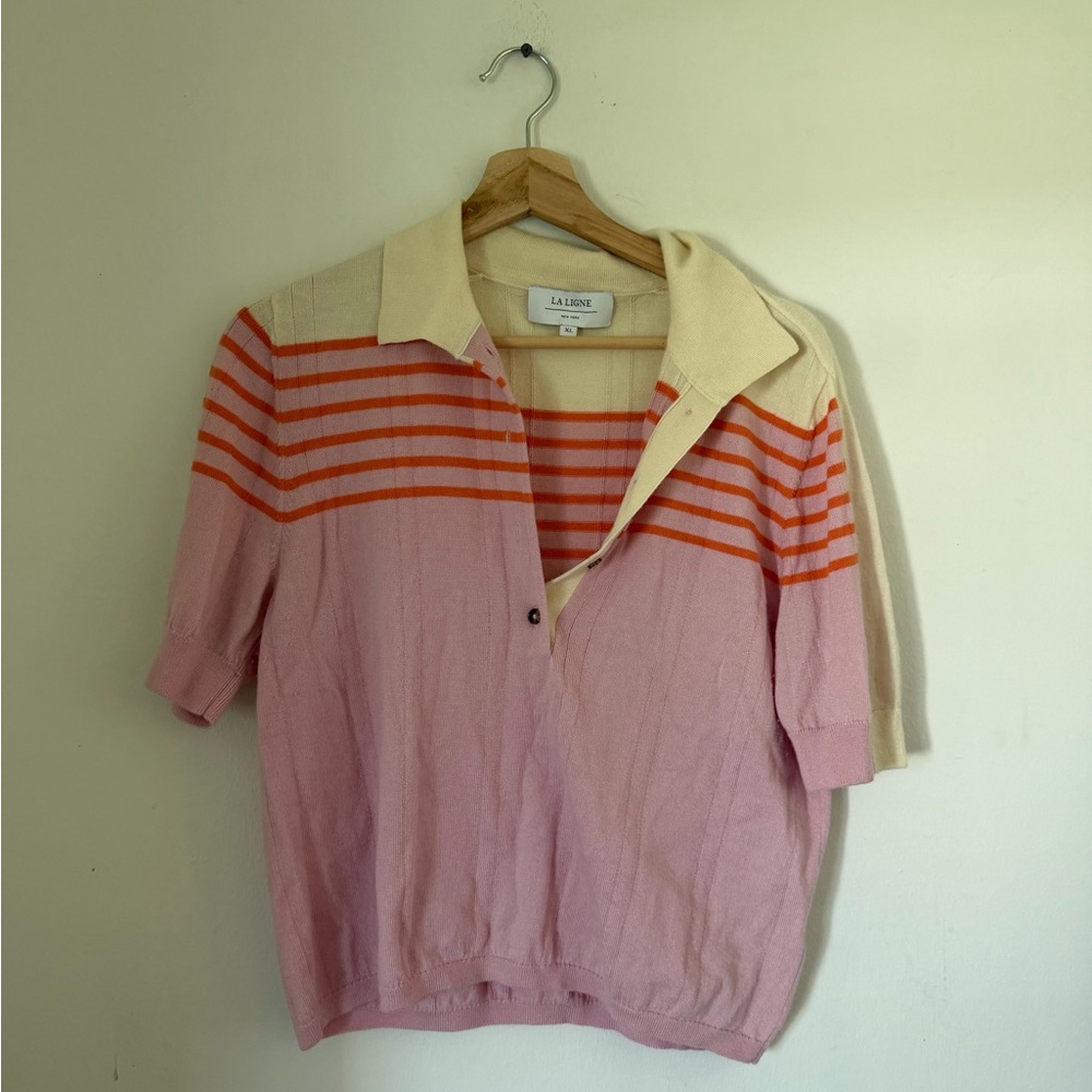 La Ligne Cream Collar Shirt with Pink and Orange Stripes